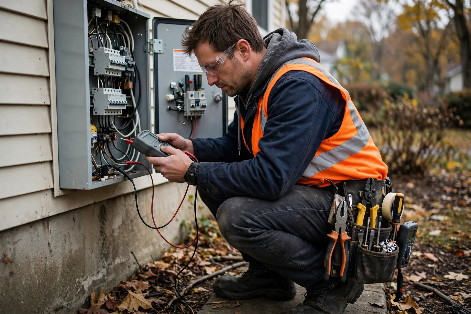 Electrician testing a home electrical panel during an emergency service call