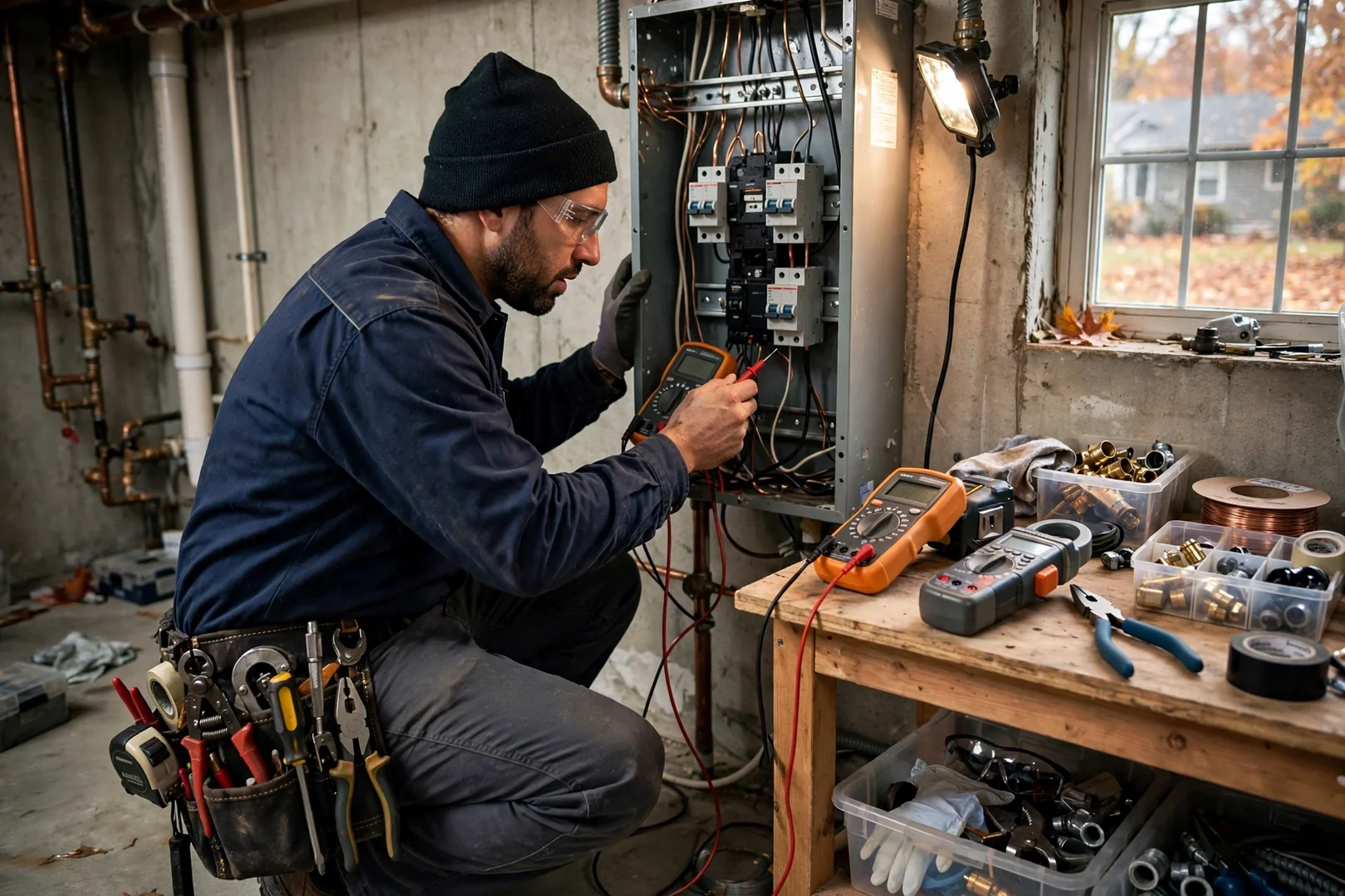 Electrician testing a residential load center with a clamp meter during an emergency service call