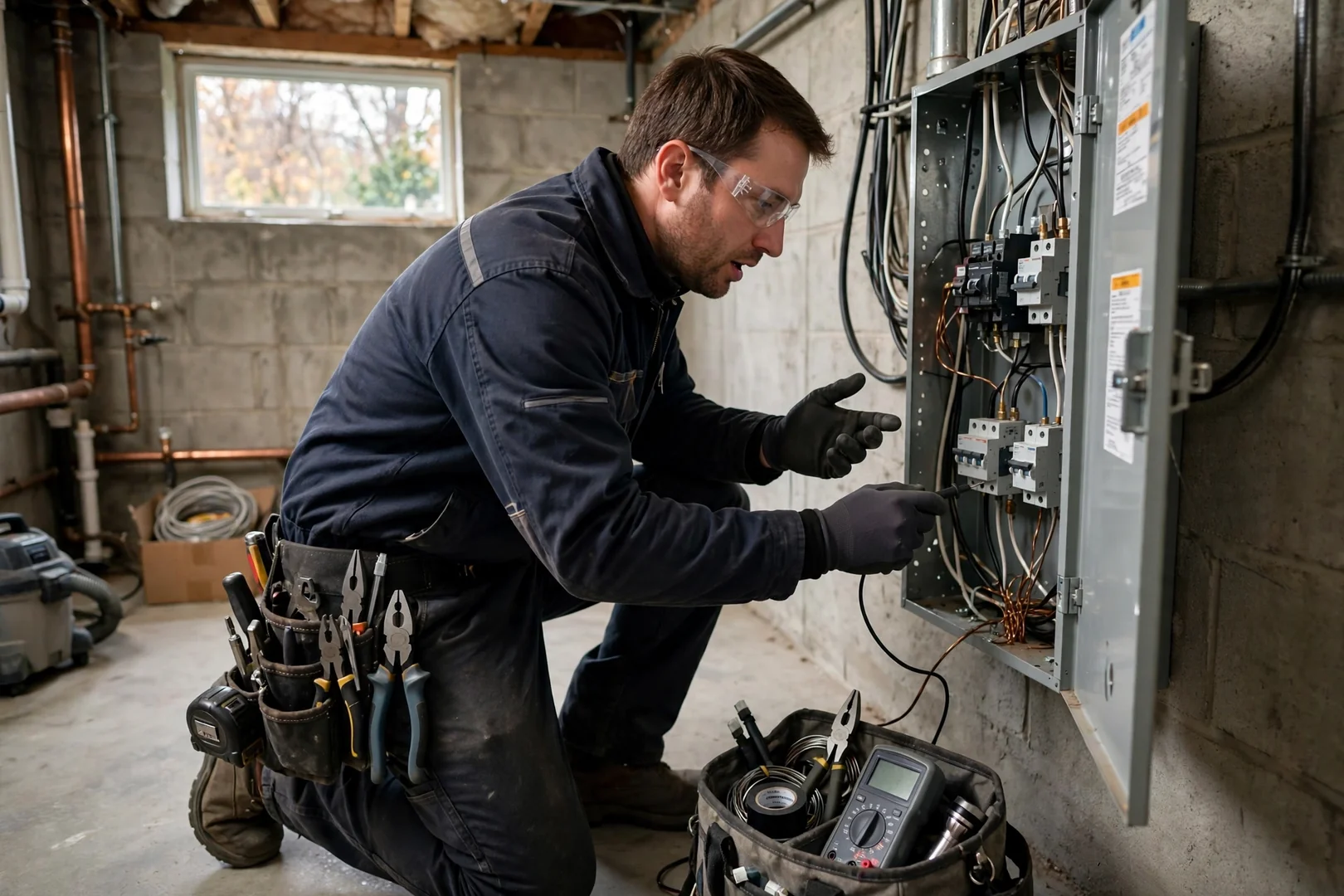 Electrician testing a residential service panel with a multimeter during an emergency call