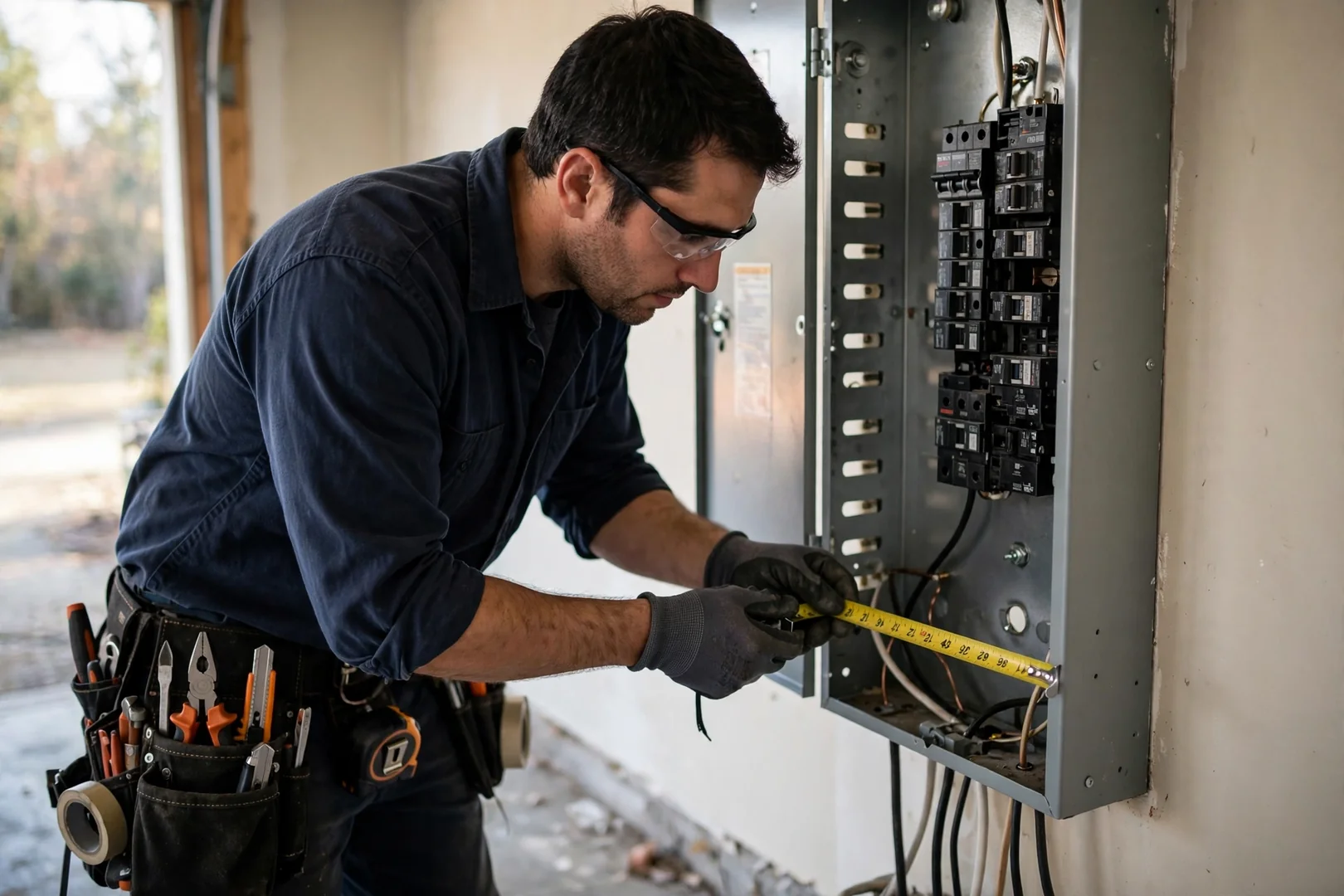 Technician measuring available breaker space inside a residential electrical panel