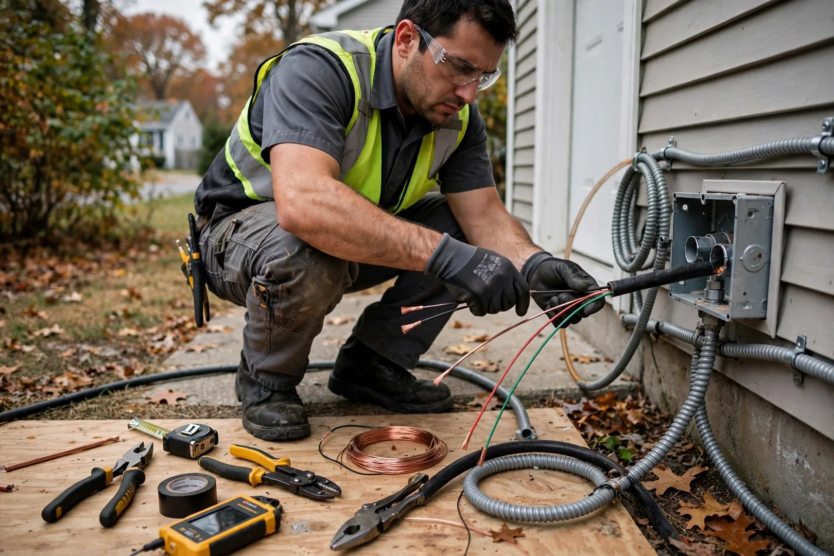 Copper conductors and conduit staged for a 240-volt EV charger circuit run