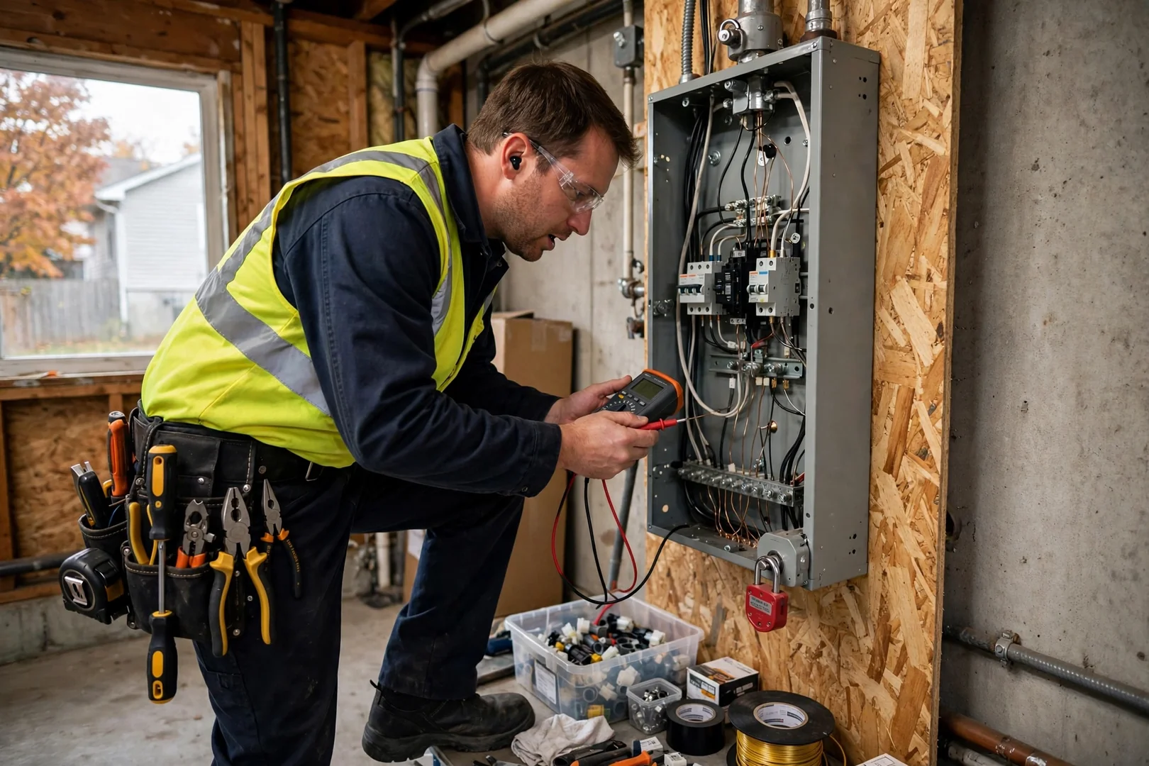 Electrician mounting a Level 2 EV charger inside a Centereach garage