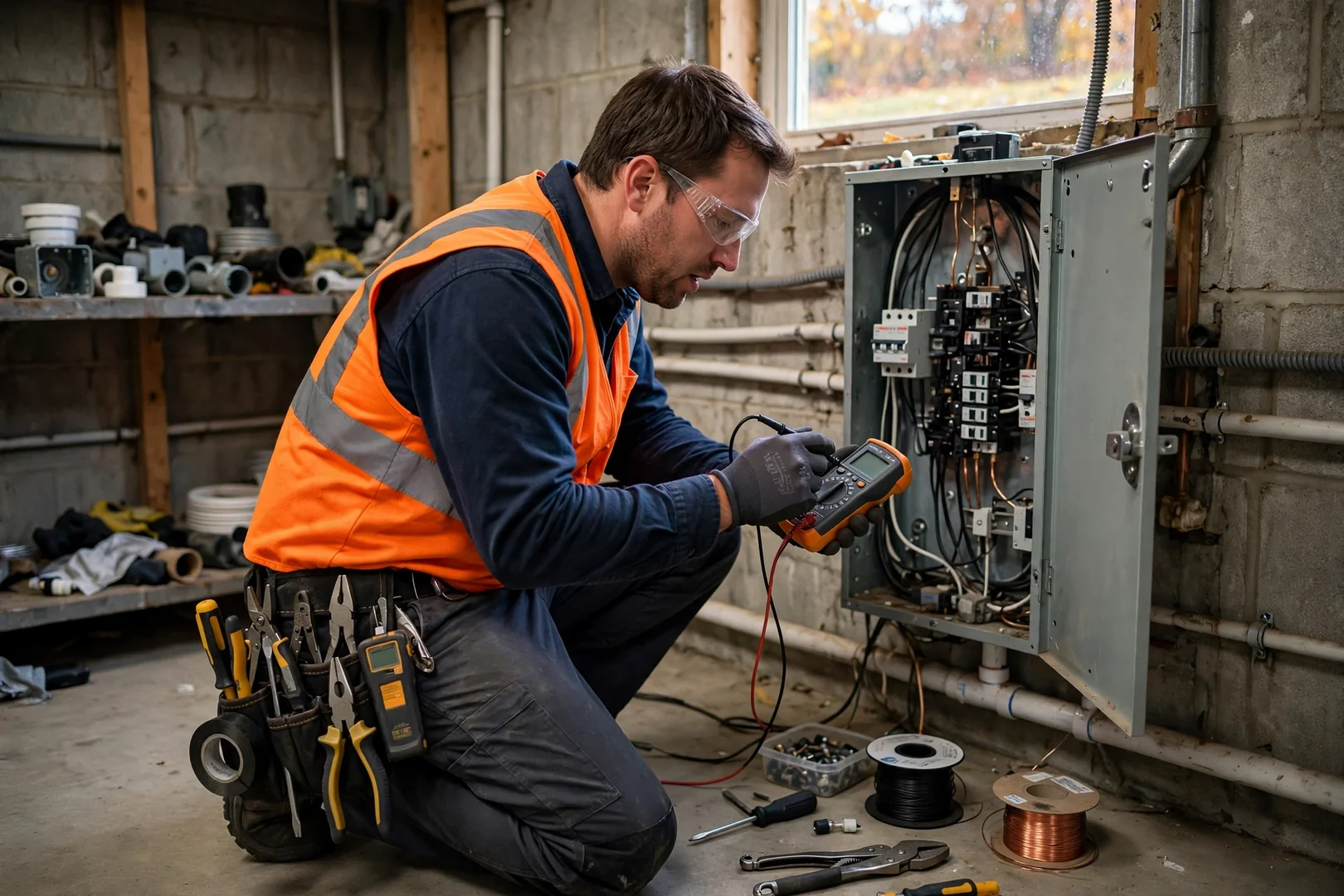 Electrician mounting a Level 2 EV charger on a garage wall in Centereach