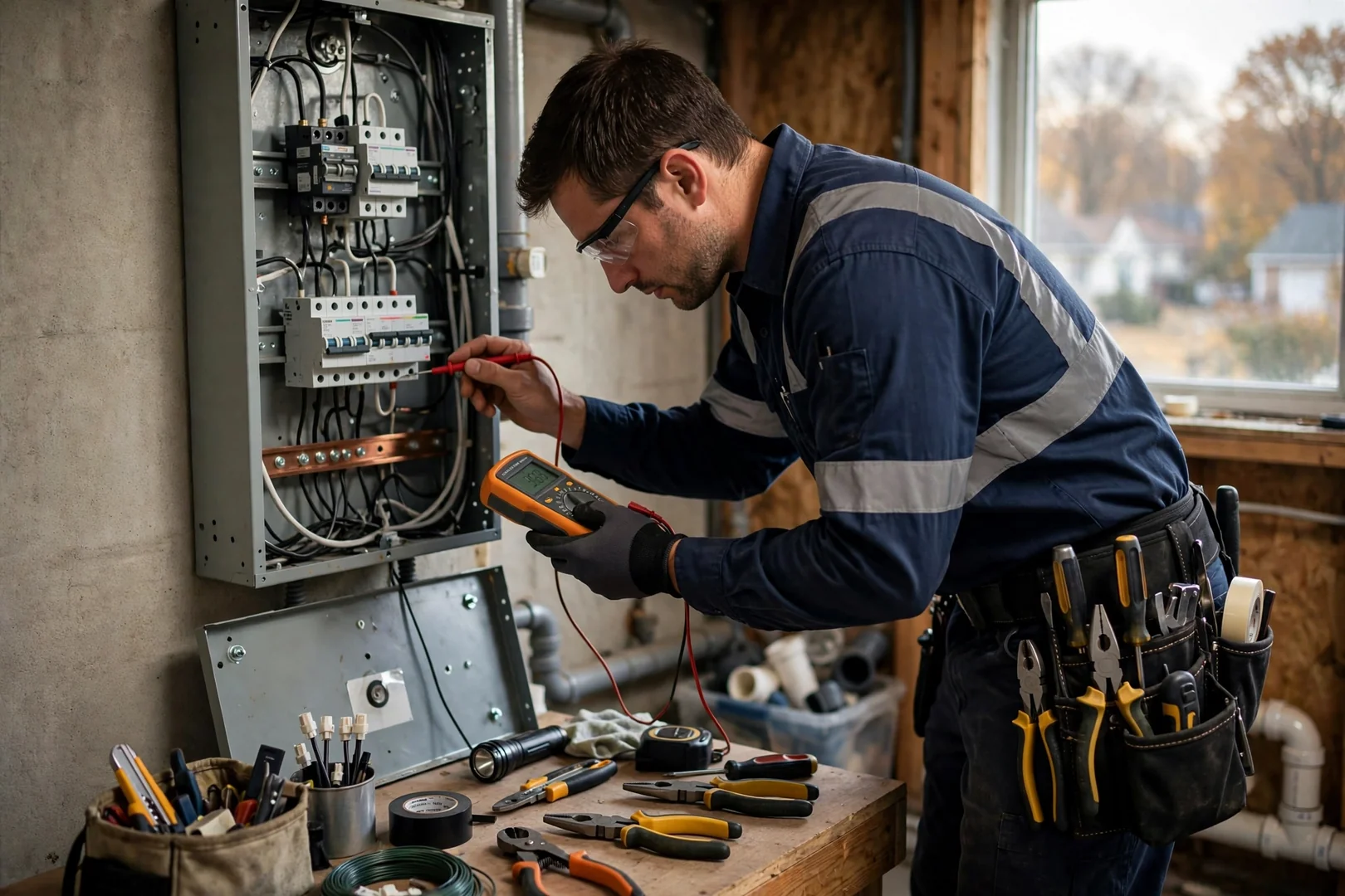 Electrician mounting a Level 2 EV charger on a garage wall beside a load center
