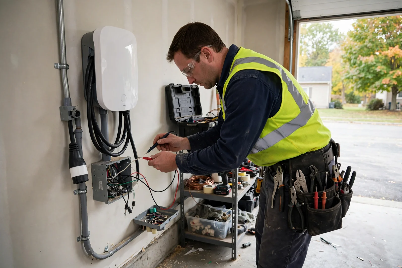 Wall-mounted Level 2 EV charger installed inside a Centereach attached garage