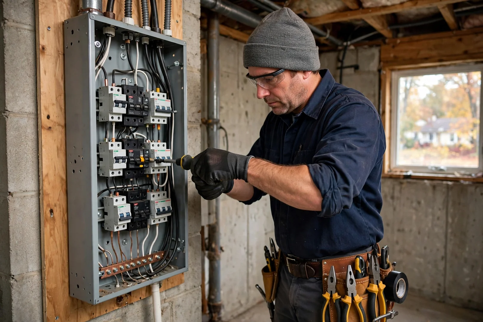 Electrician torquing breaker terminations inside an open residential electrical panel