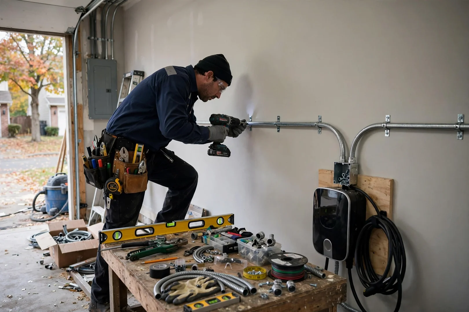 EMT conduit run along garage wall feeding a new EV charging circuit