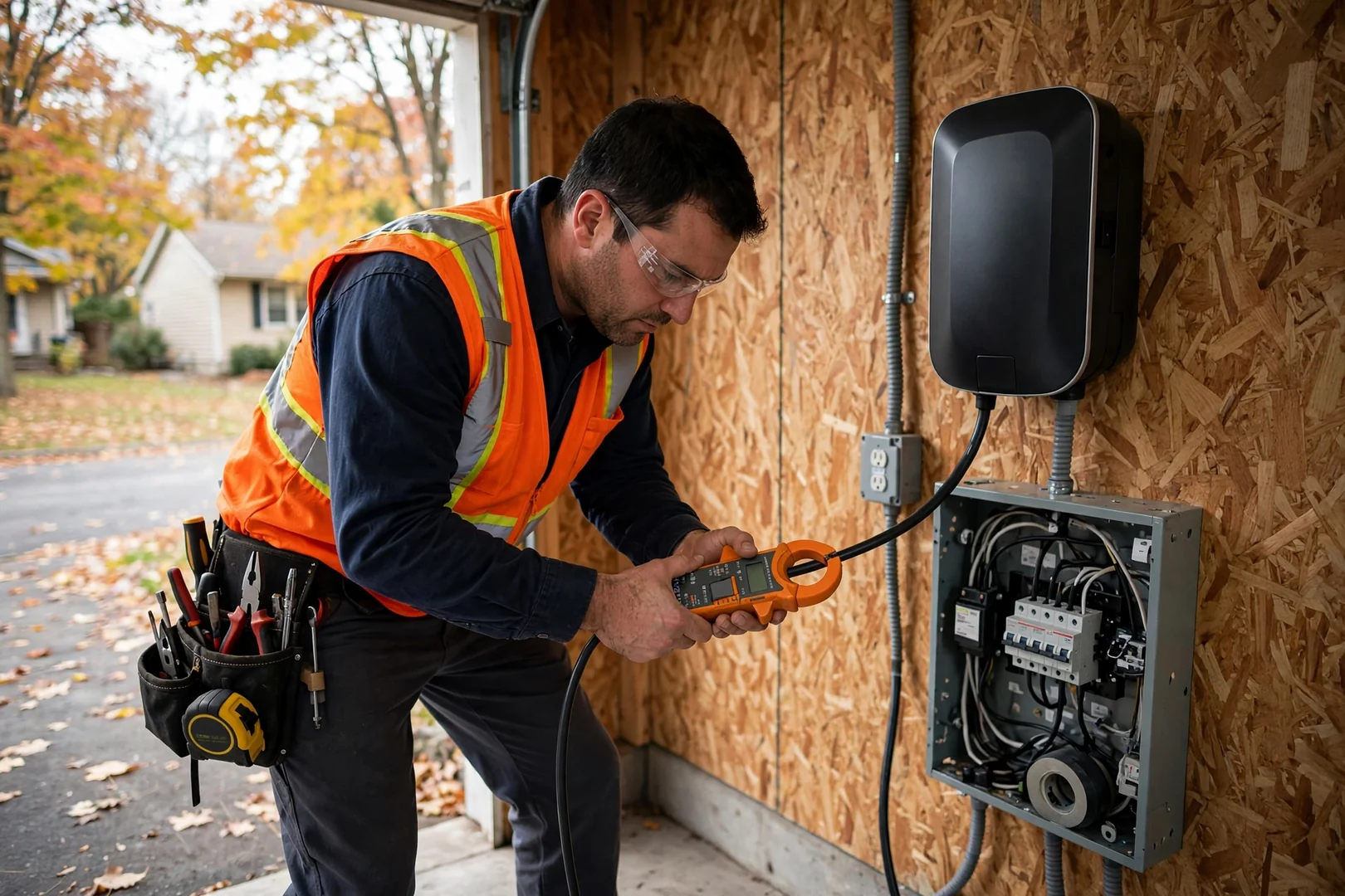 Technician measuring circuit load with clamp meter during charger commissioning test