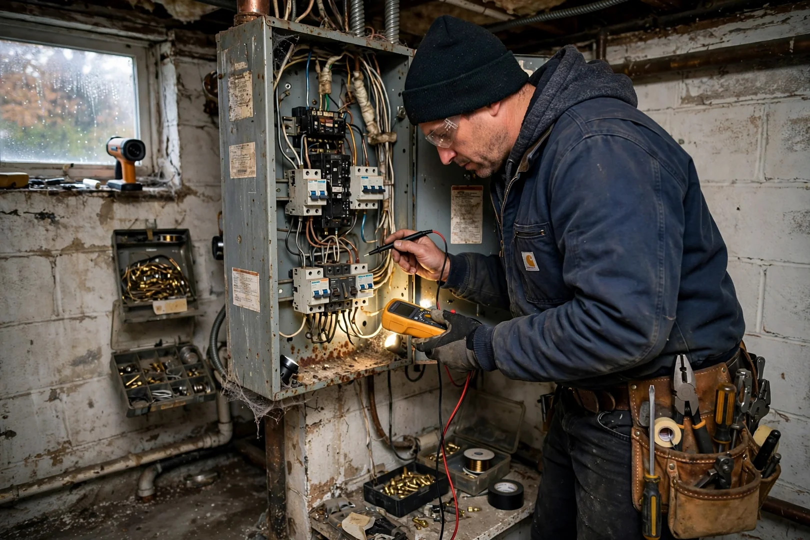 Older undersized panel photographed before service upgrade for EV charging capacity