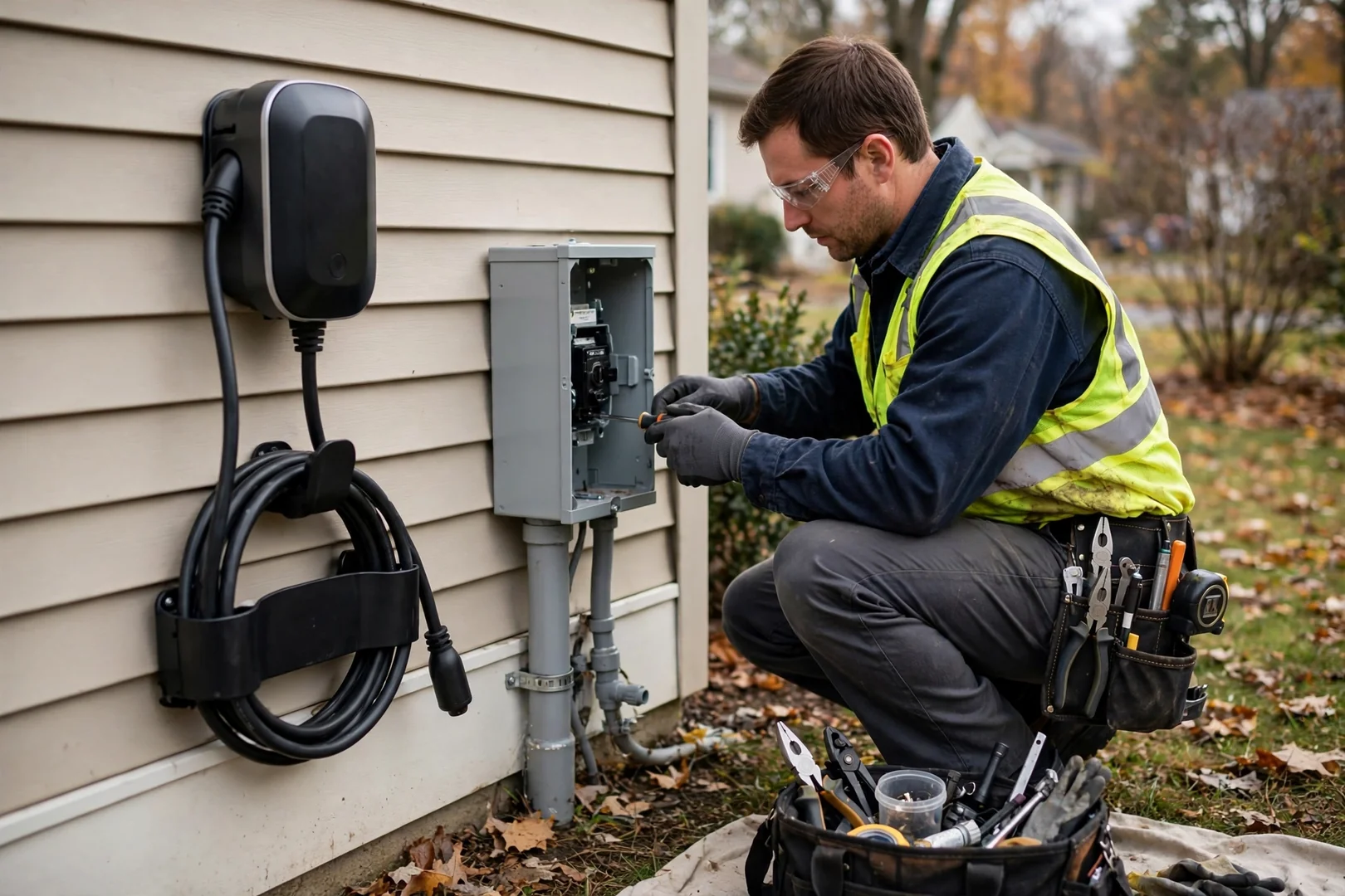 Finished charger with cable holster and labeled disconnect on exterior siding