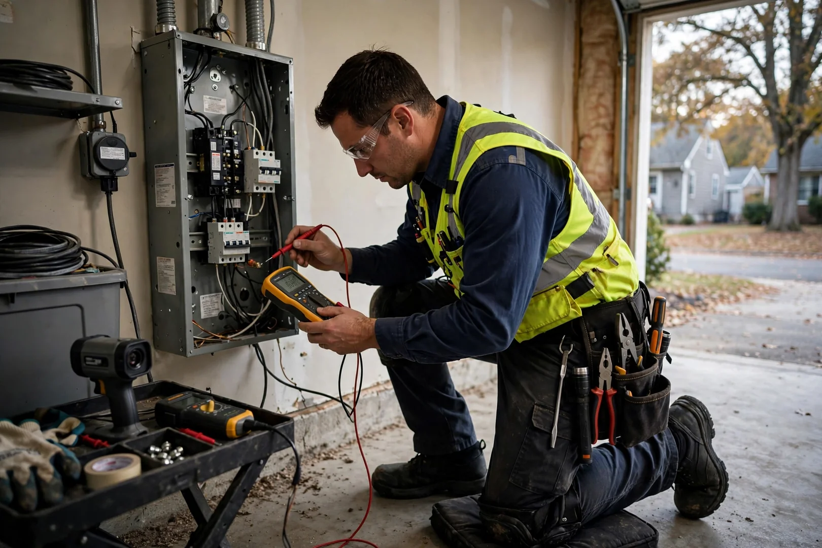 Electrician testing a newly installed home EV charging station with a multimeter