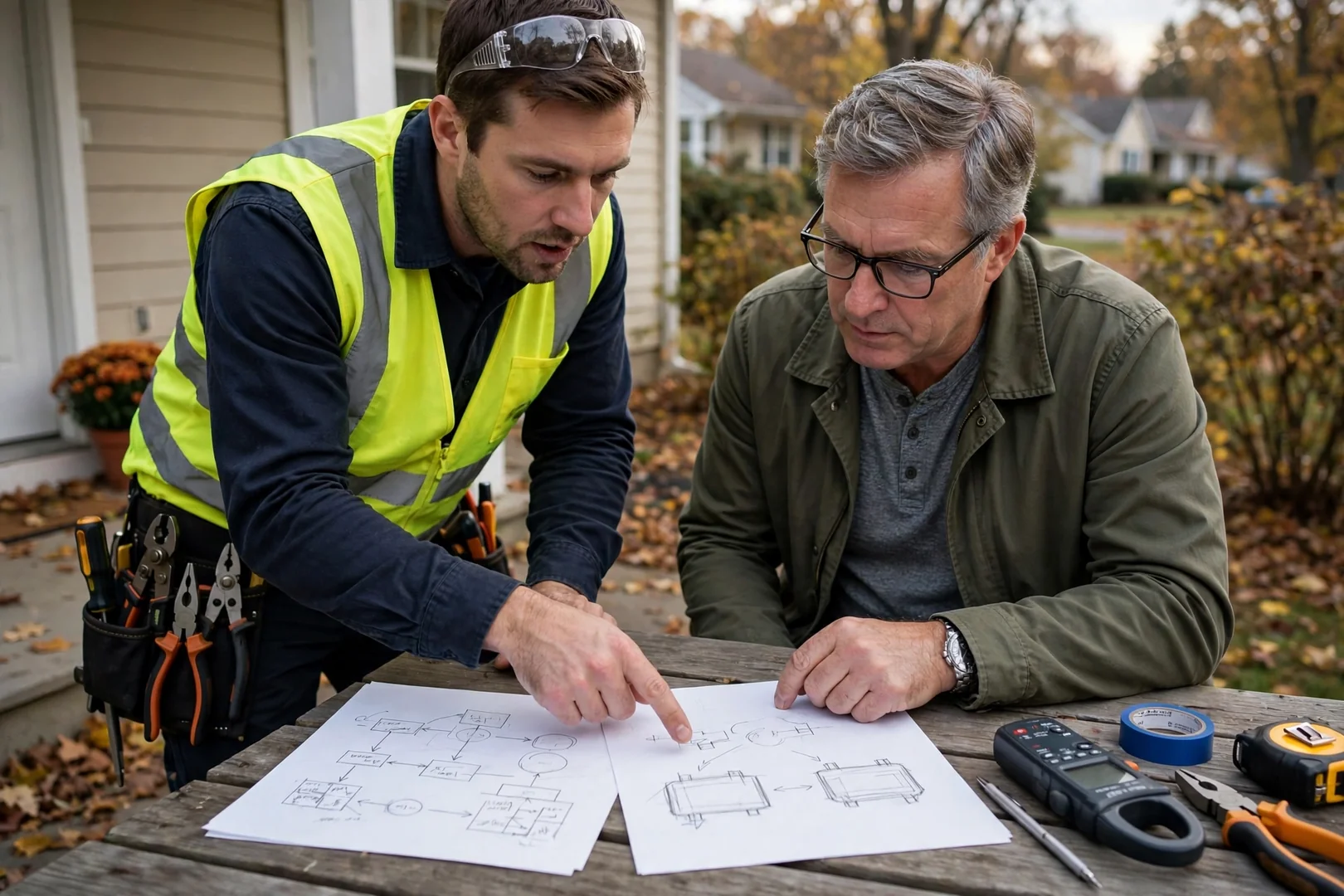 Technician reviewing load calculation notes and generator sizing options with a homeowner