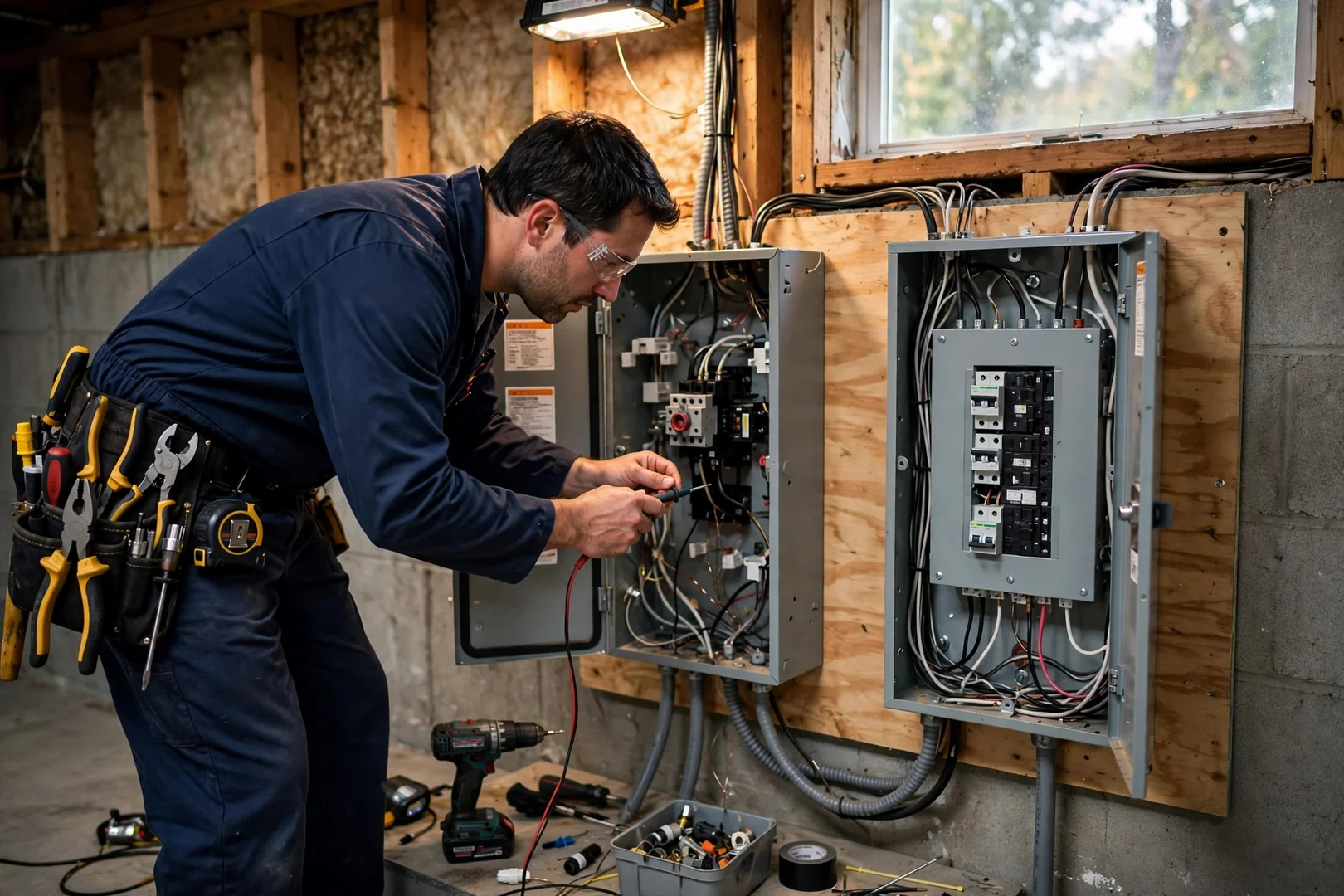 Automatic transfer switch wired beside an electrical panel in a residential basement
