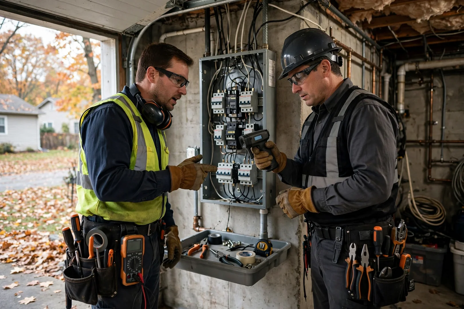Technician reviewing standby generator install site beside a Centereach home