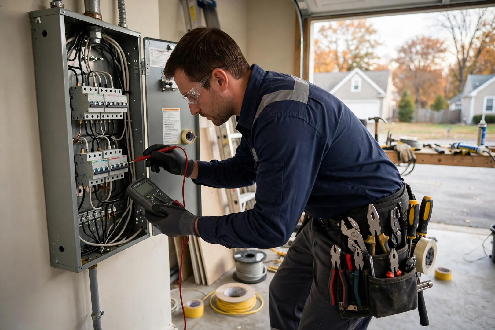 Electrician wiring an automatic transfer switch beside a standby generator at a Centereach home