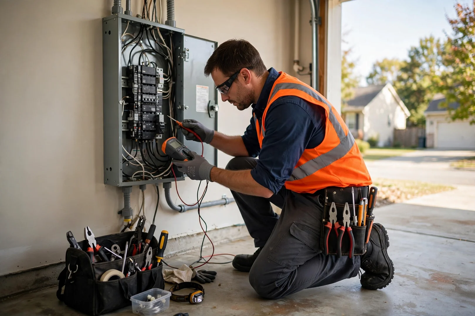 Electrician mounting a standby generator on a concrete pad beside a Centereach home