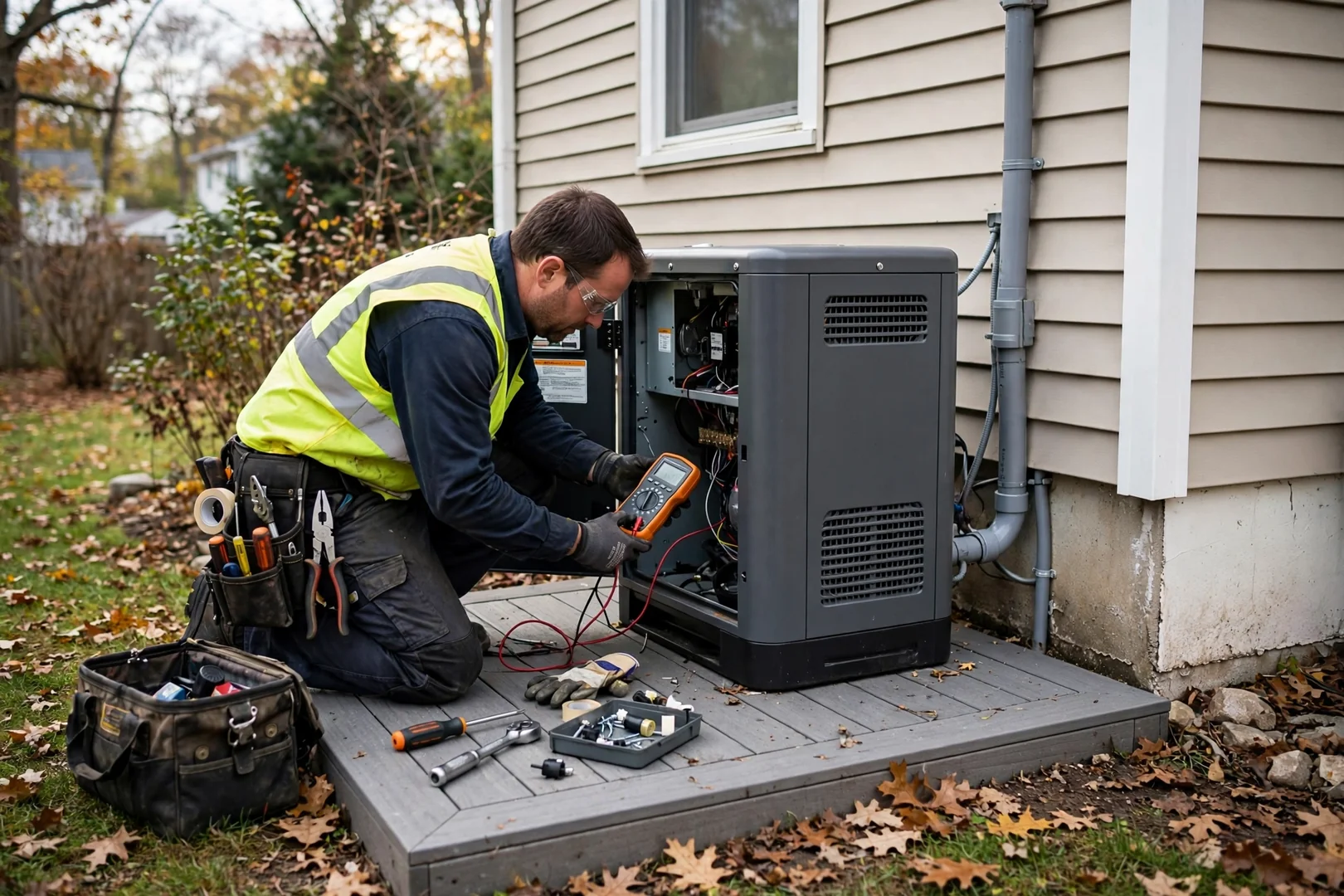 Standby generator set on composite pad beside a Centereach home exterior wall
