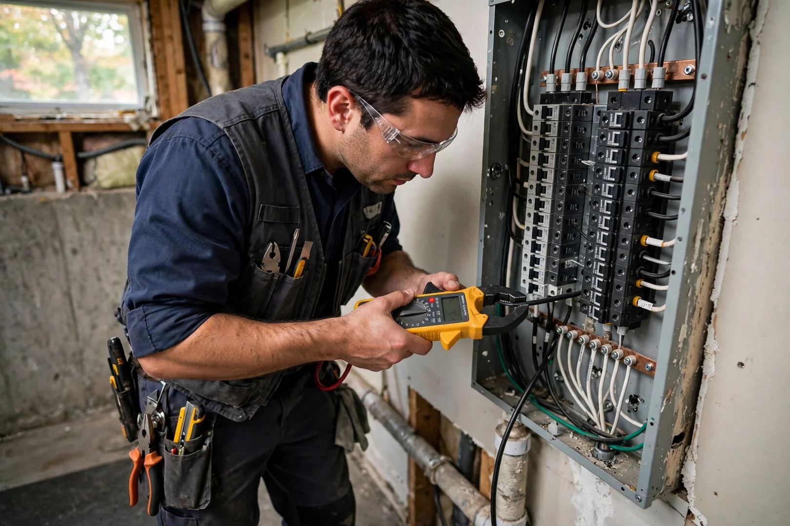 Technician measuring load with clamp meter at open residential electrical panel