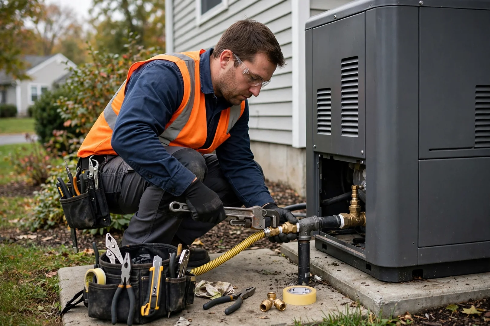 Flexible gas line connection and shutoff valve at generator base during installation
