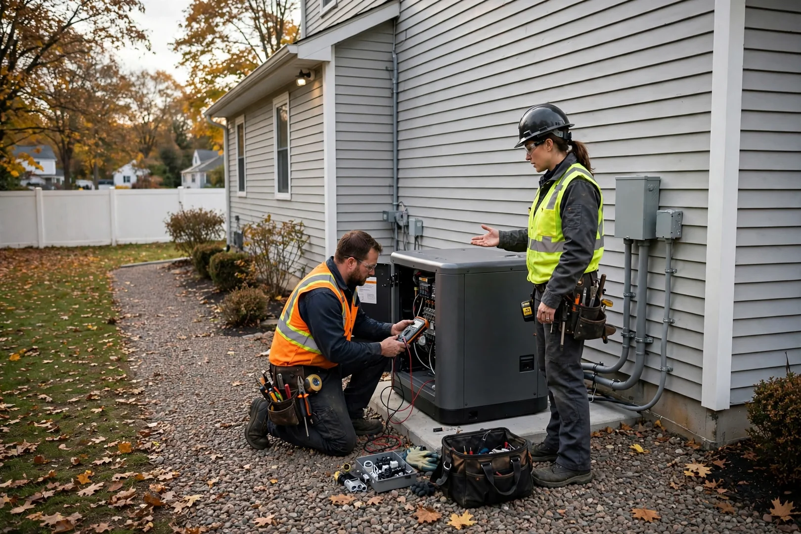 Wide shot of finished generator installation with clearance space along side yard