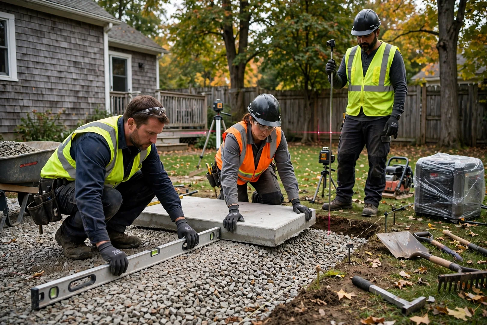 Crew leveling gravel base and setting pad before generator placement in backyard