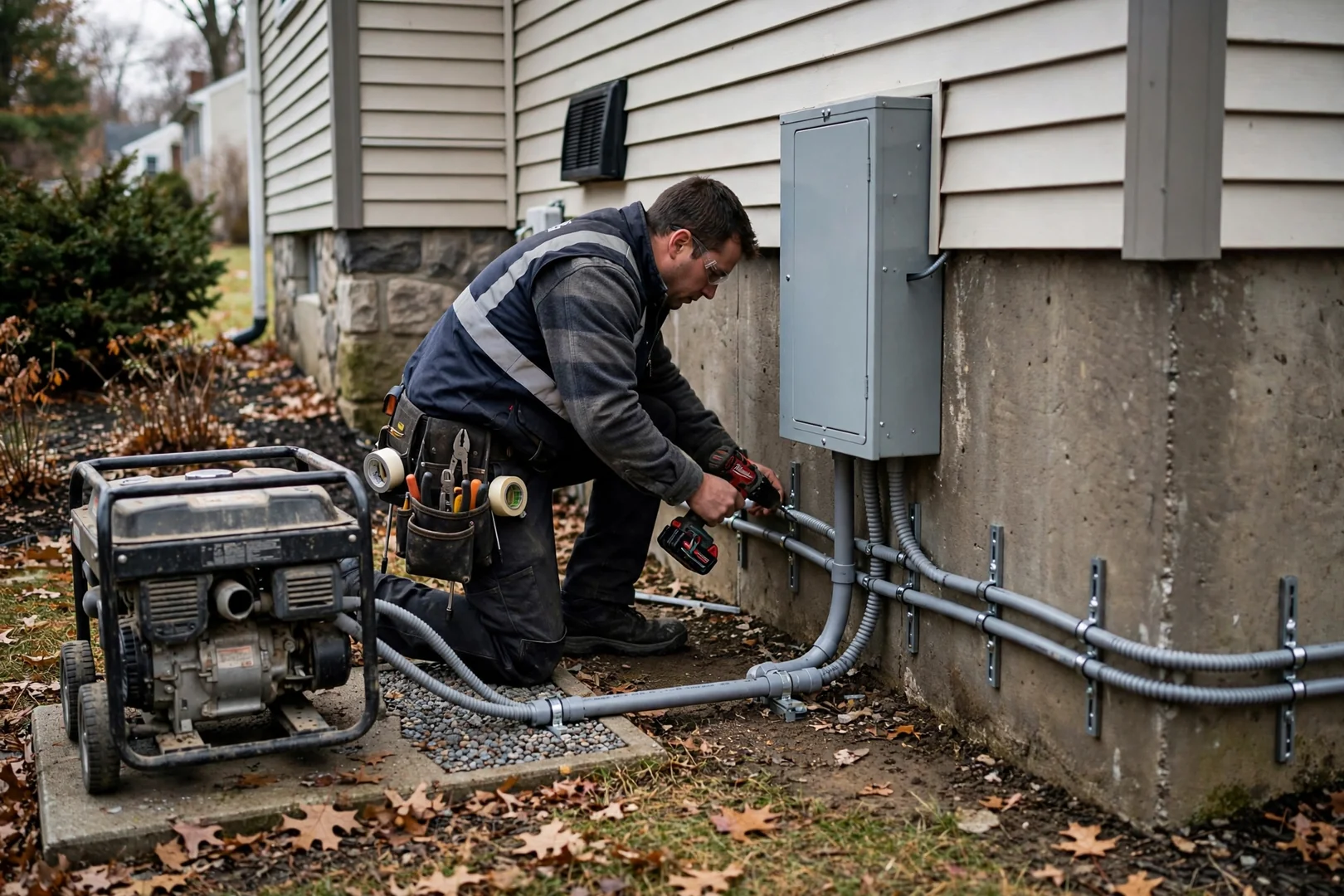 Conduit run from generator to subpanel secured along home foundation wall