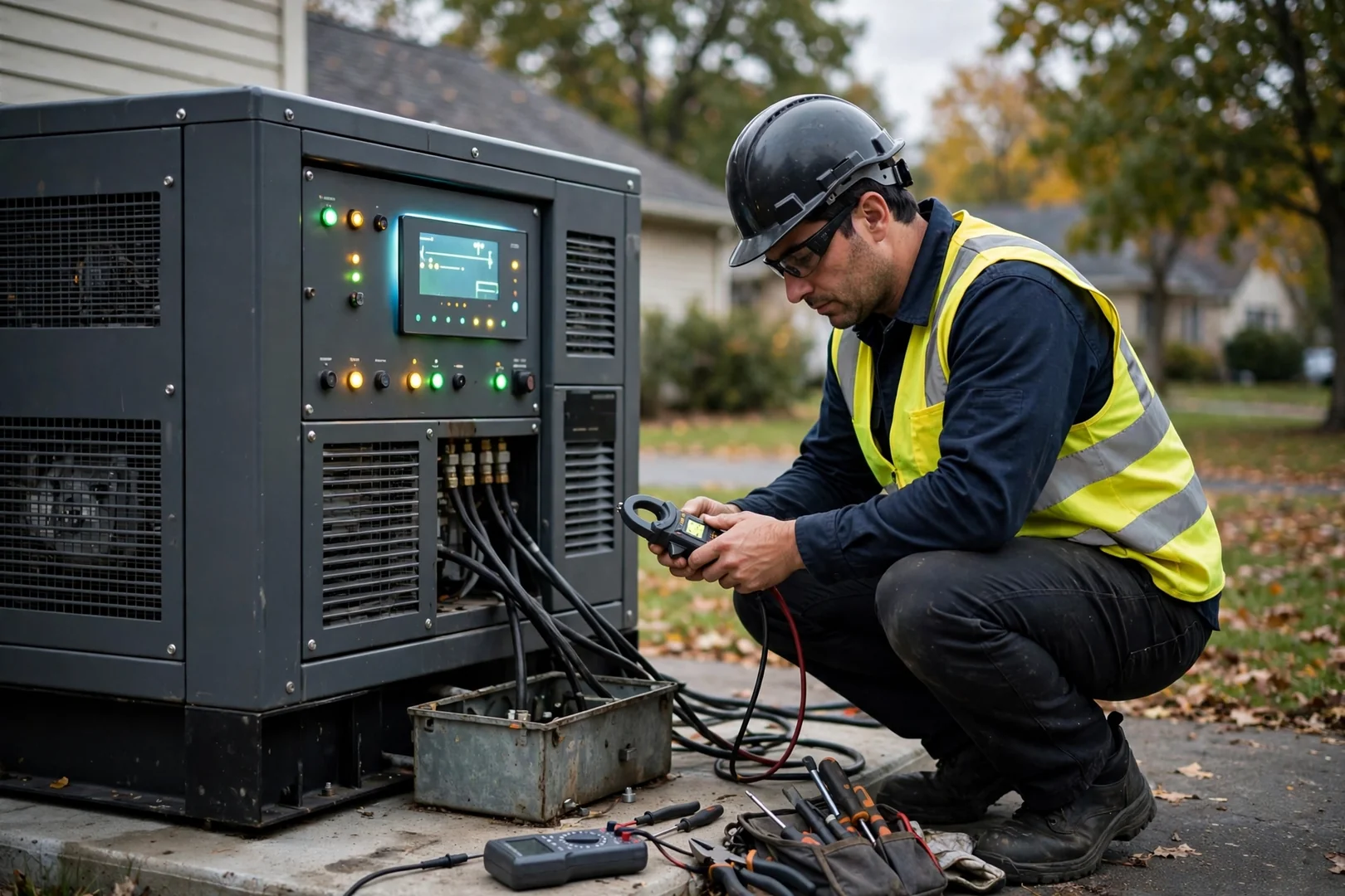 Generator running during commissioning test with control panel display illuminated
