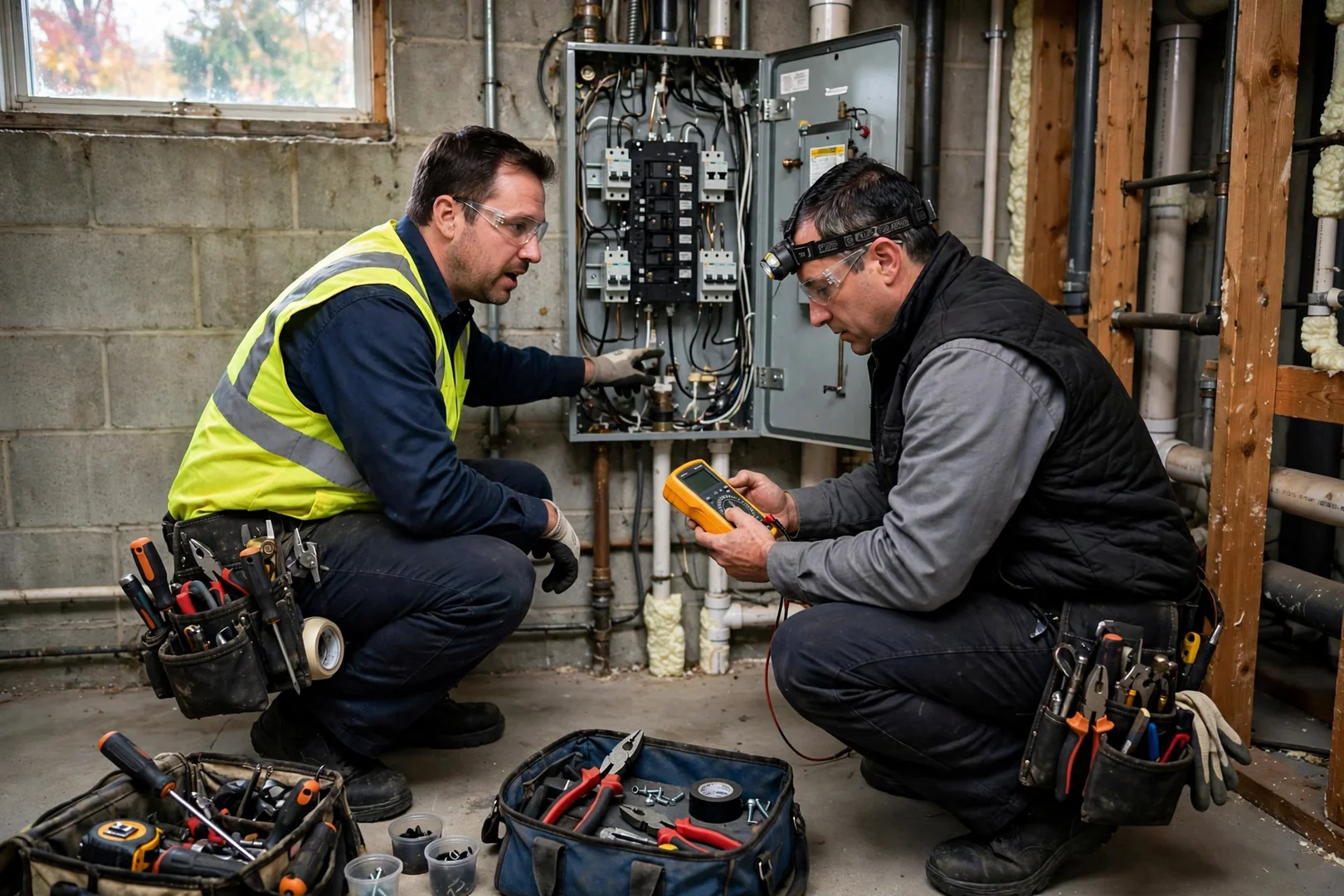 Electrician testing generator output with a clamp meter during commissioning checks