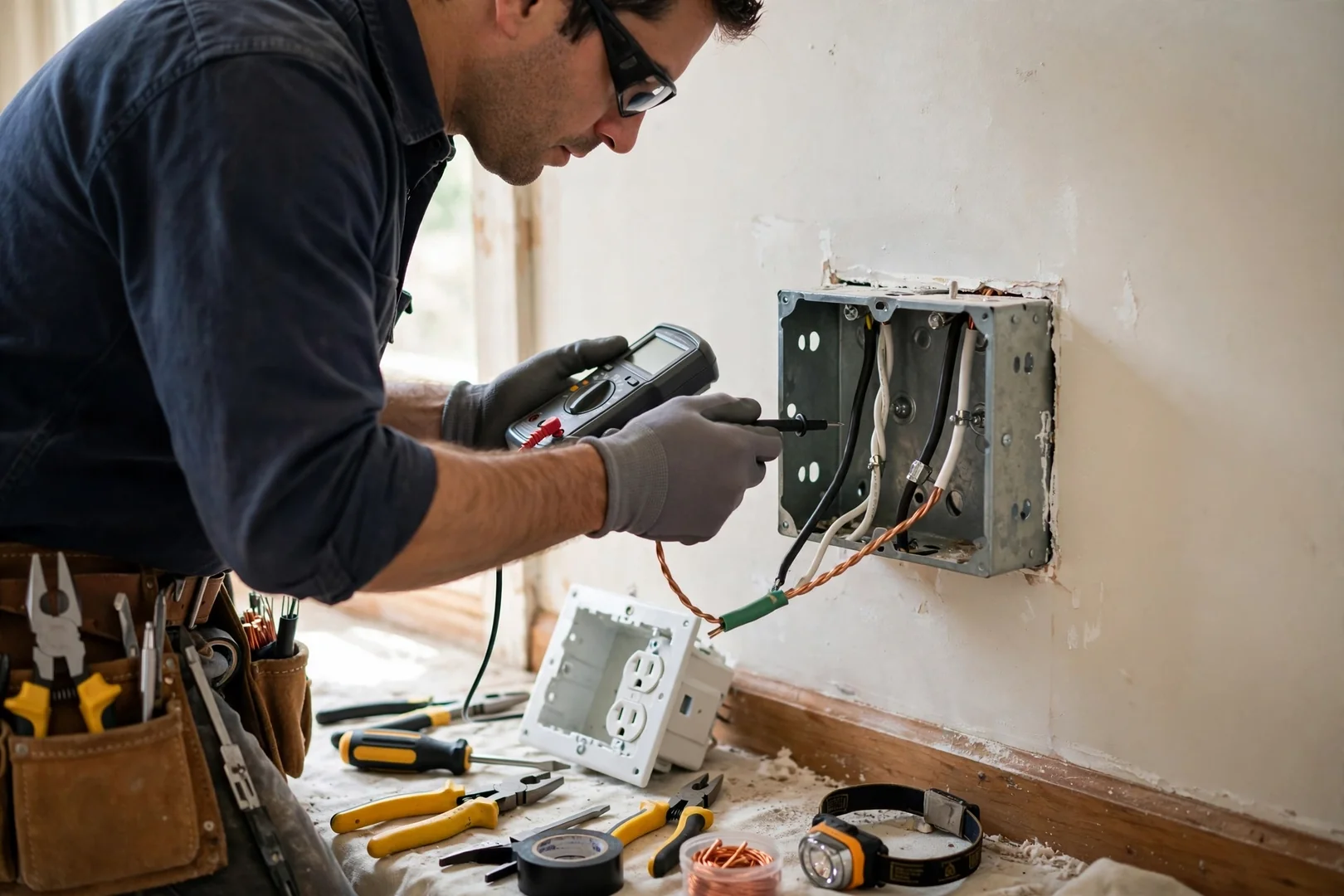 Open receptacle box showing line and load conductors before GFCI device replacement
