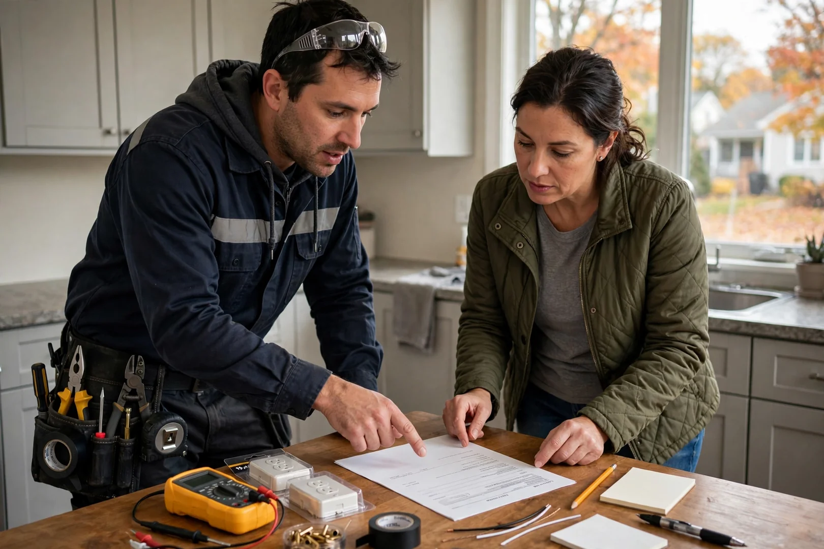 Technician reviewing a written estimate for outlet upgrades with a Centereach homeowner