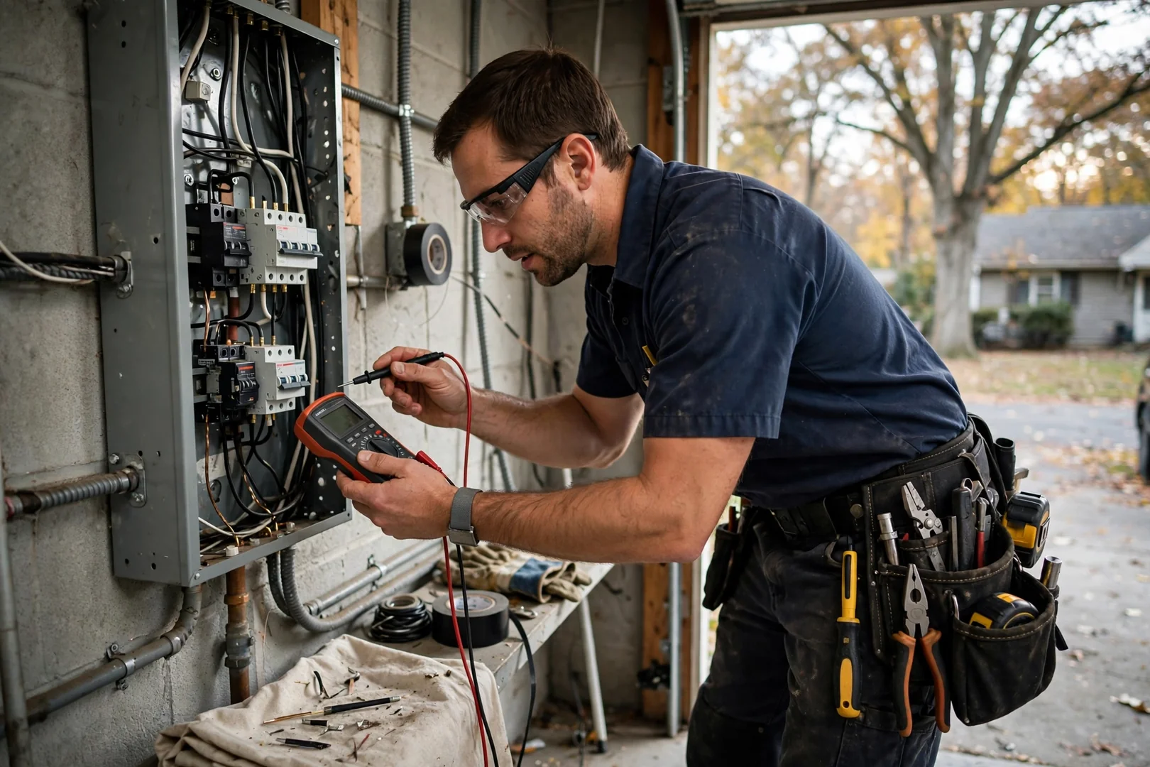 Electrician testing a newly installed GFCI outlet in a Centereach kitchen