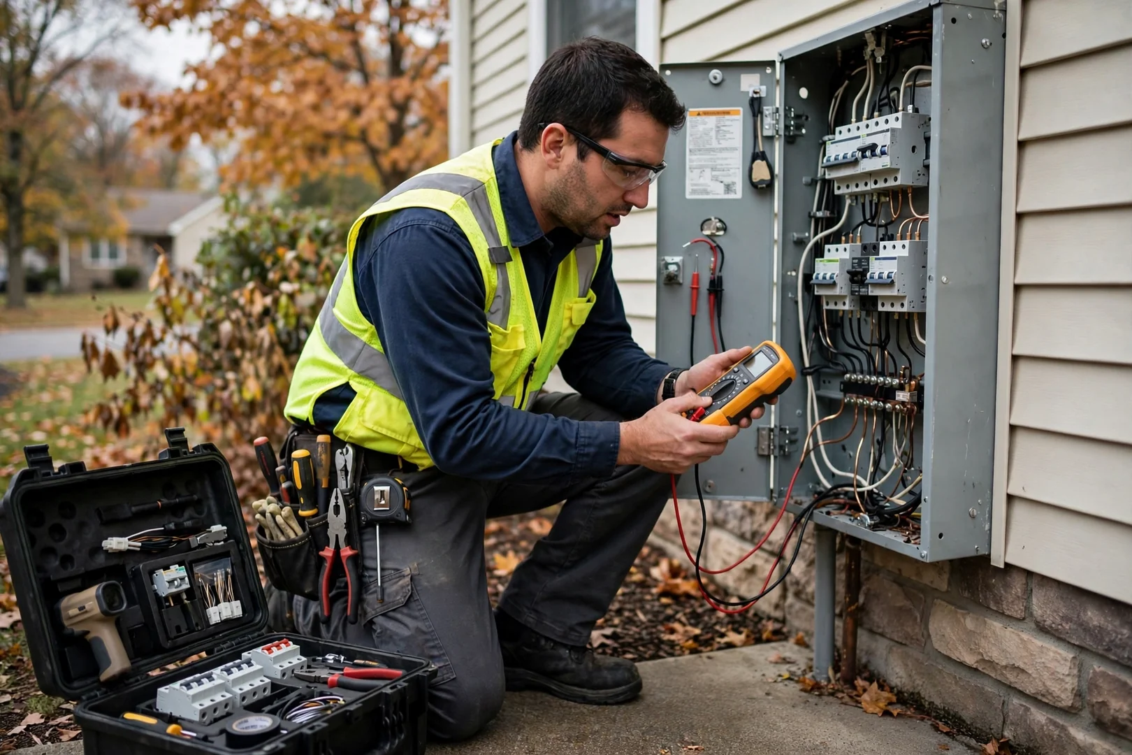 Electrician wiring a GFCI receptacle in a Centereach kitchen using a circuit tester