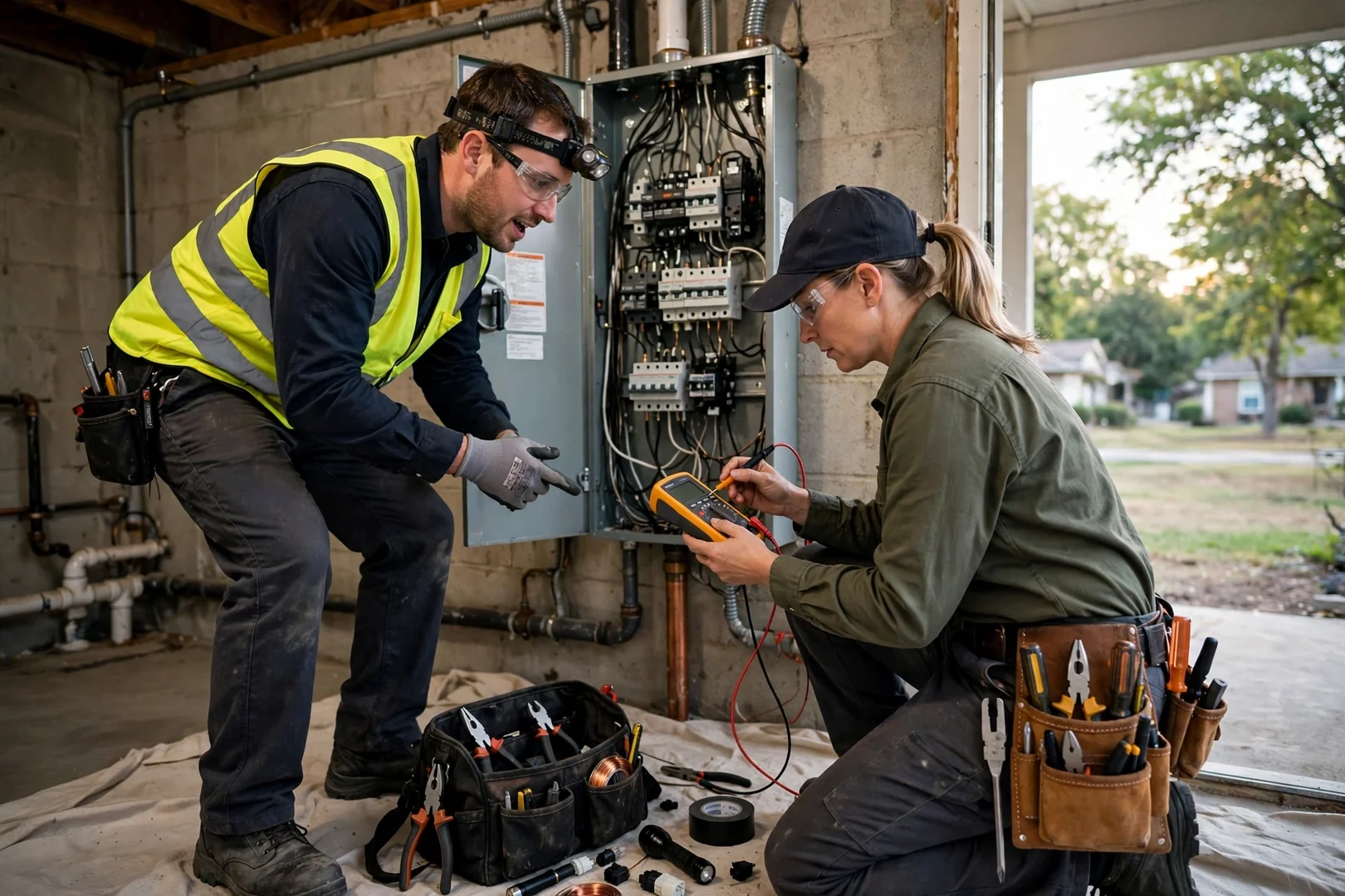 Electrician testing a newly installed GFCI outlet in a Centereach kitchen with a circuit tester