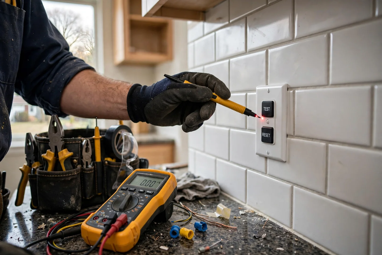 Close-up of newly installed GFCI outlet with test and reset buttons in kitchen backsplash