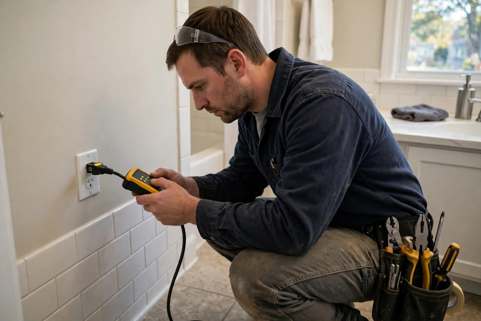 Electrician testing bathroom receptacle with plug-in circuit analyzer during Centereach service call