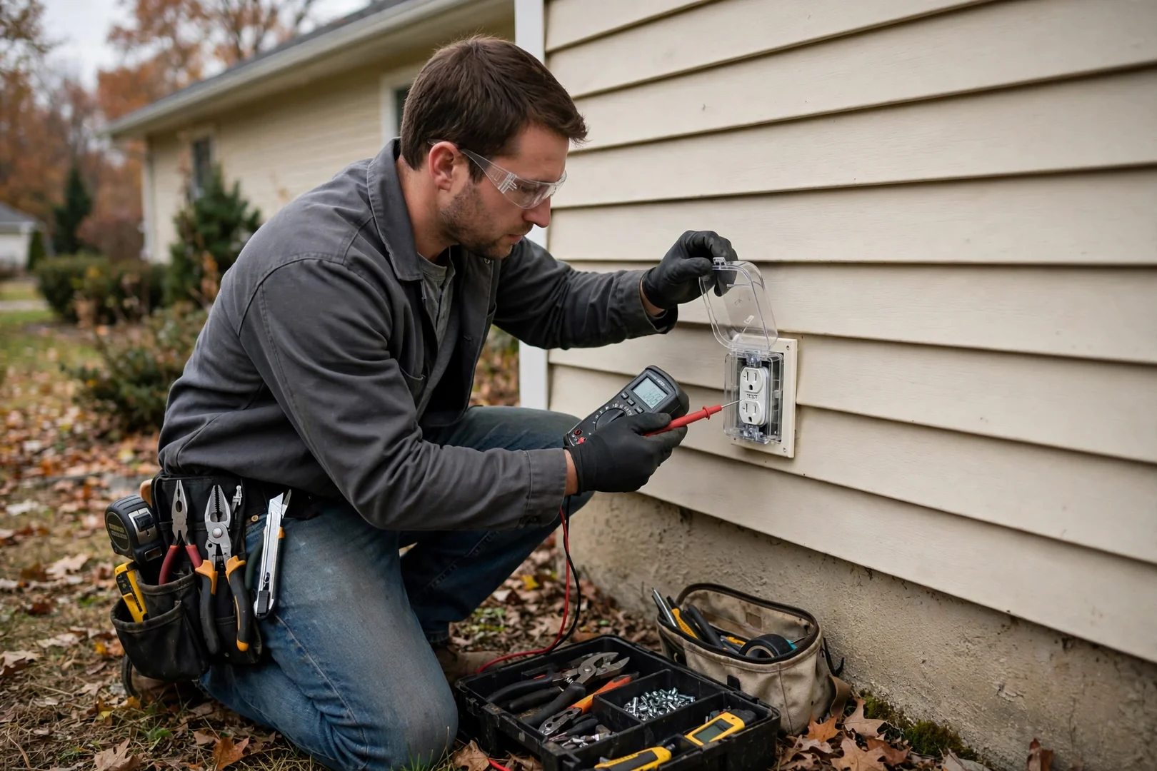 Weather-resistant GFCI outlet with in-use cover mounted on exterior siding of ranch home