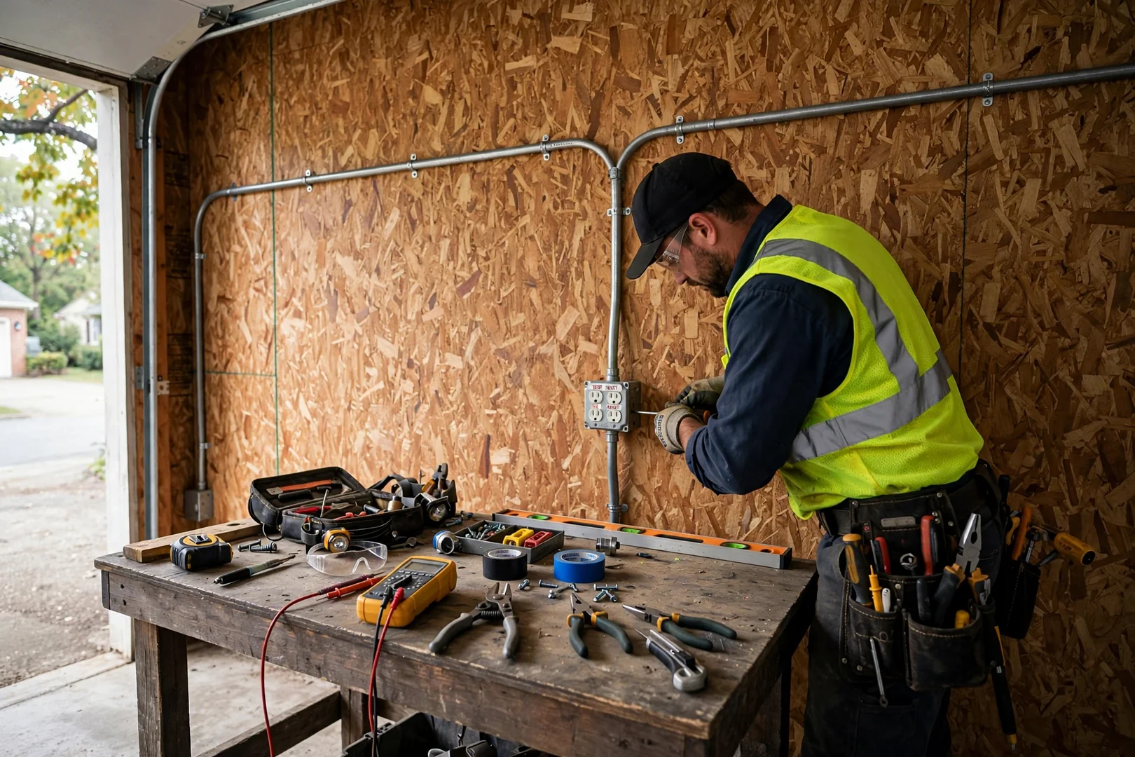 Wide shot of garage wall with finished GFCI receptacle above workbench and conduit run