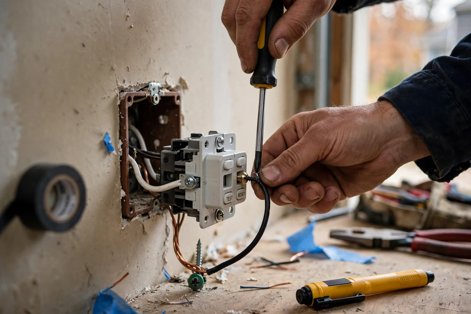 Hands torquing conductor screws on GFCI device with screwdriver and voltage tester nearby