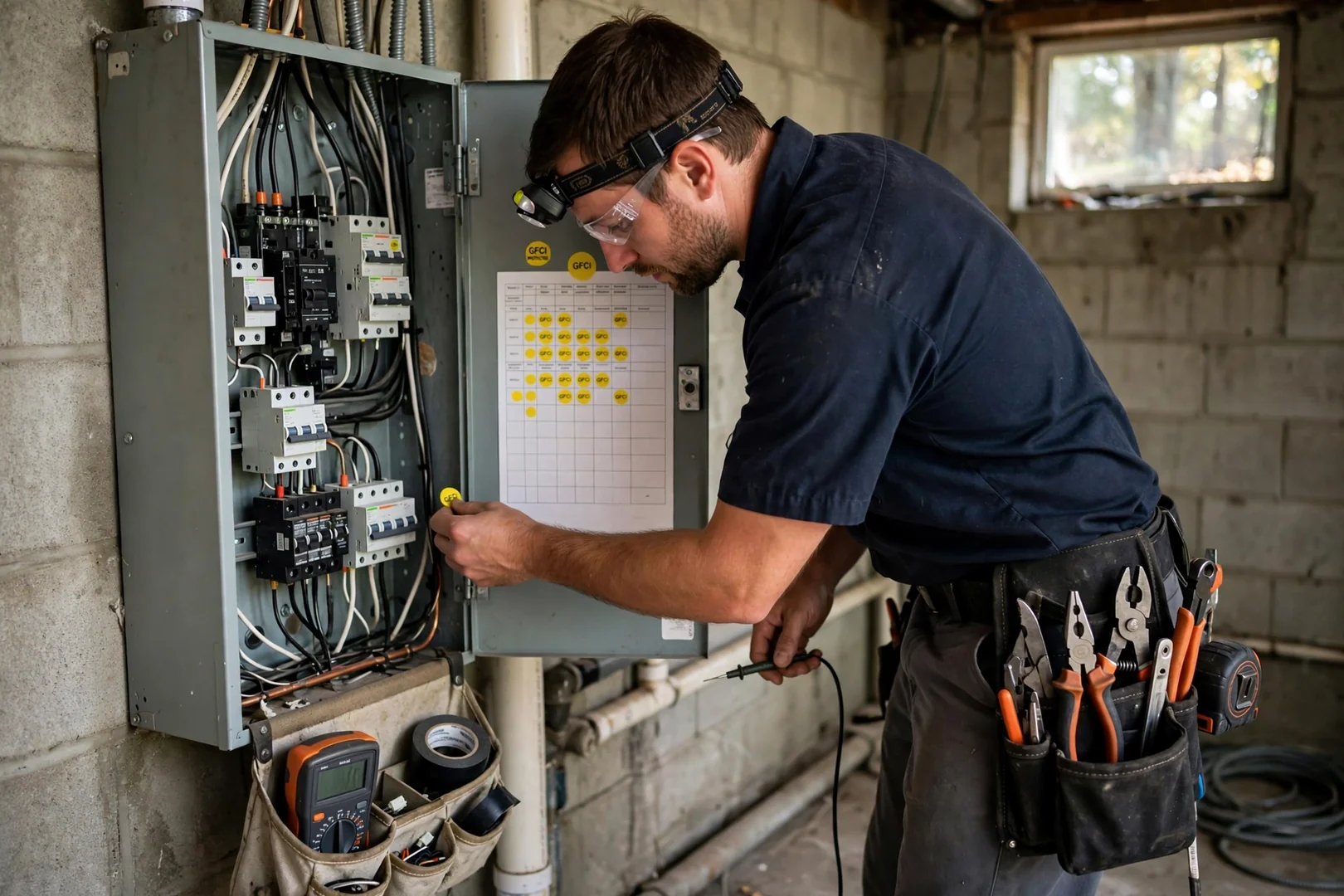 Labeled electrical panel with circuit directory noting protected GFCI outlet locations in home