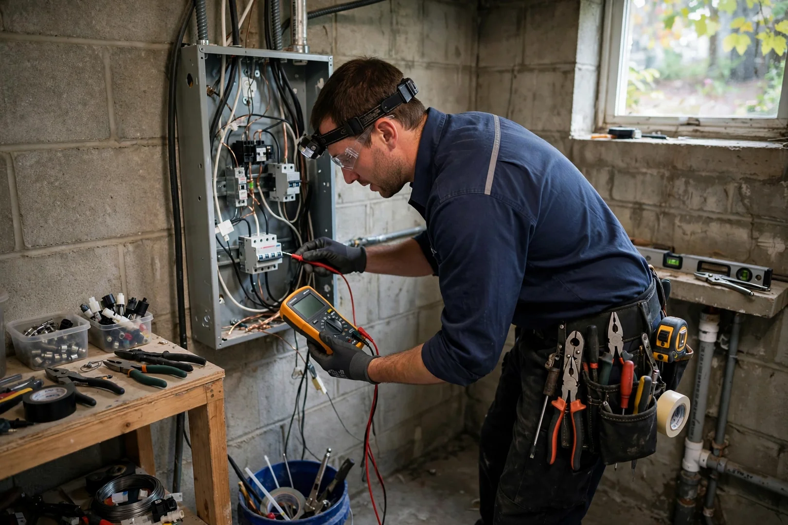 Trained technician torquing conductors into a GFCI receptacle inside a residential outlet box