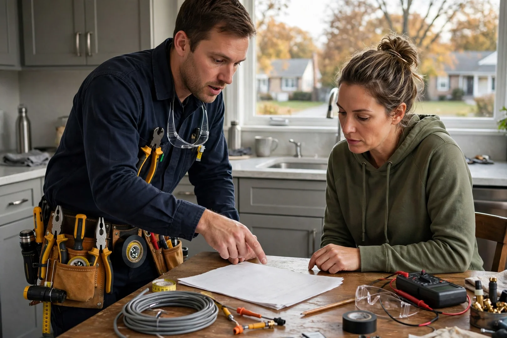 Electrician reviewing itemized house rewiring estimate with homeowner at kitchen table in Centereach