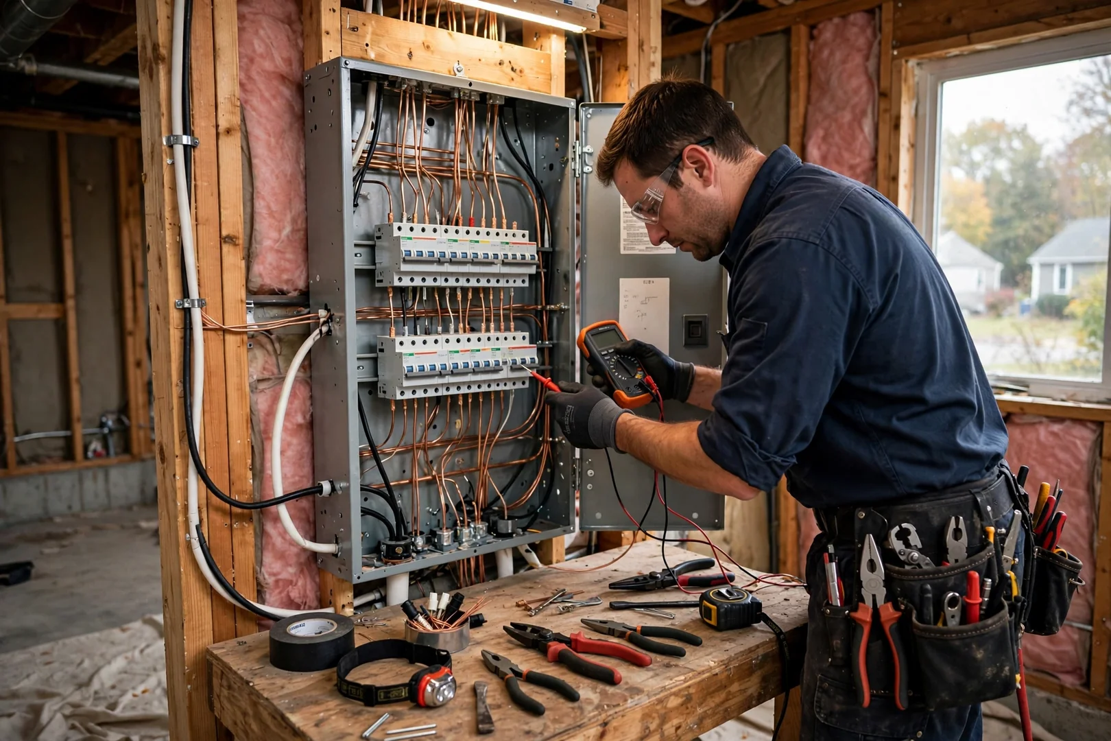 Open electrical panel showing labeled new copper home run circuits after a full rewire