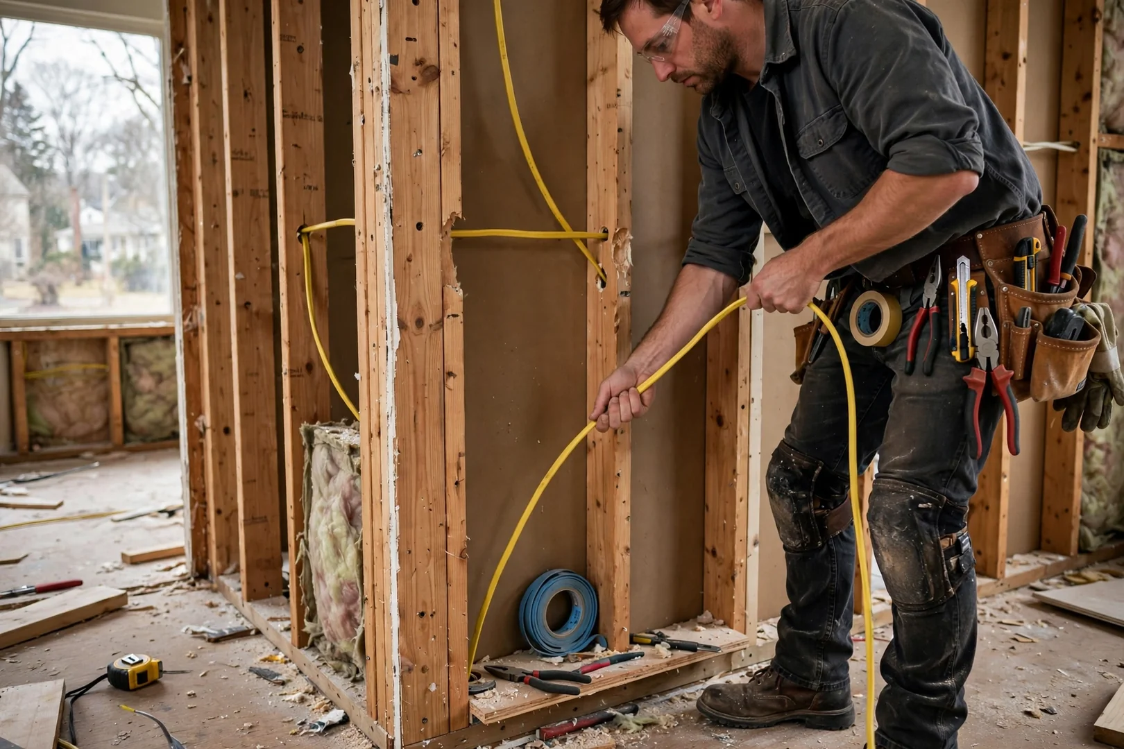 Electrician pulling new NM-B cable through open stud bay during Centereach house rewiring
