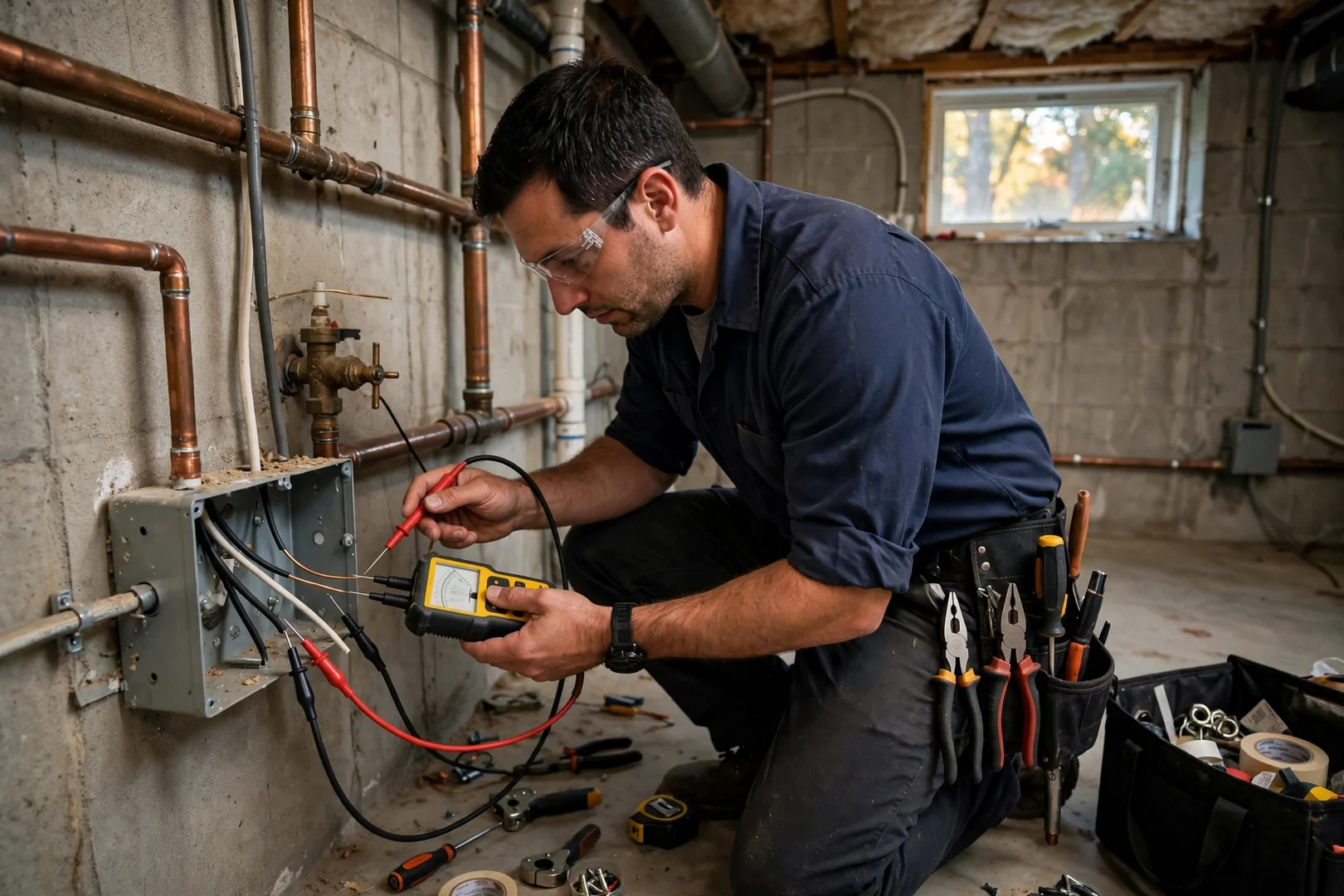 Technician testing insulation resistance on conductors with handheld meter in basement