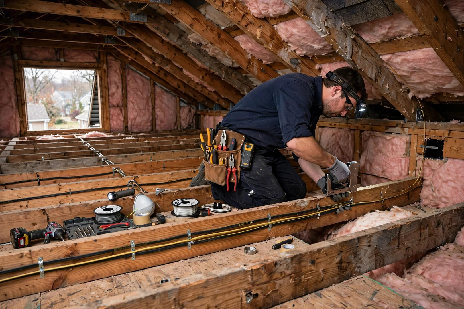 Wide shot of attic cable runs stapled along joists feeding second-floor bedroom circuits