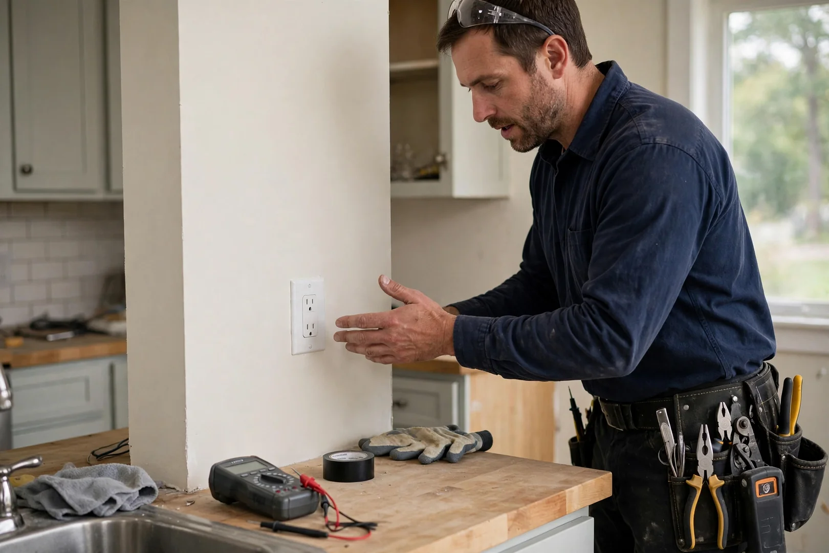 Finished tamper-resistant receptacle installed on repaired wall in rewired kitchen
