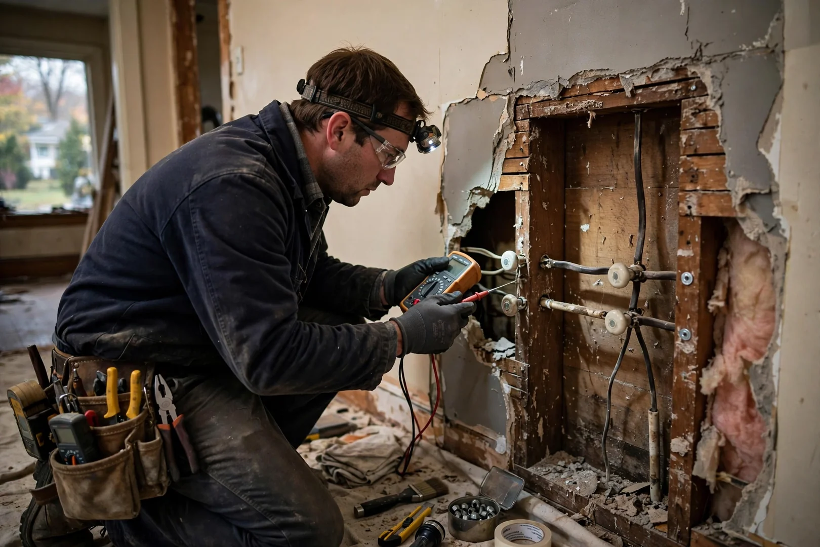 Knob-and-tube junction exposed behind plaster before removal in older split-level home