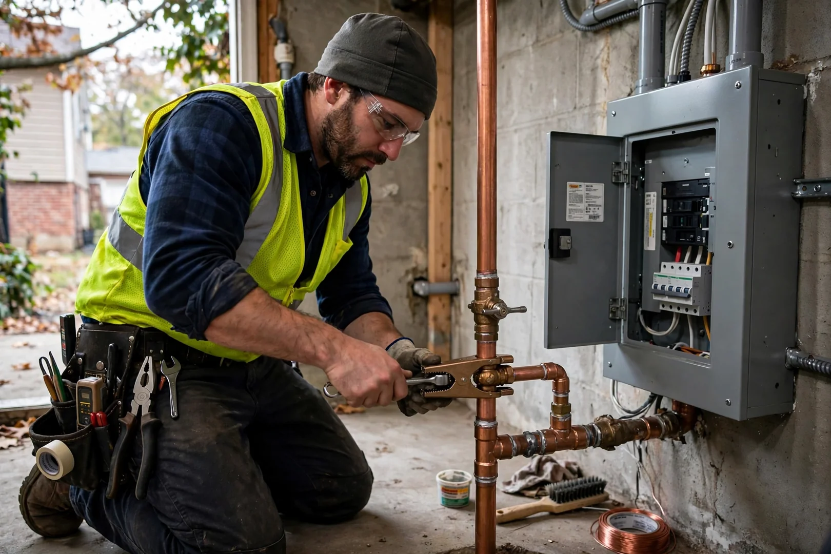 Grounding electrode conductor clamped to water pipe near upgraded service entrance