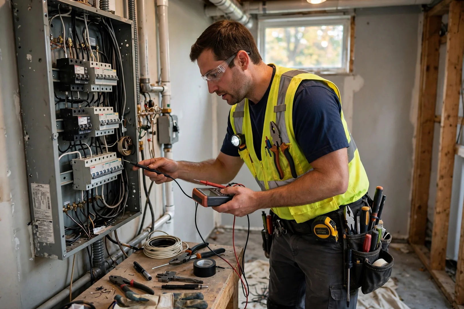 Trained electrician testing new branch circuit wiring with a meter at a residential panel