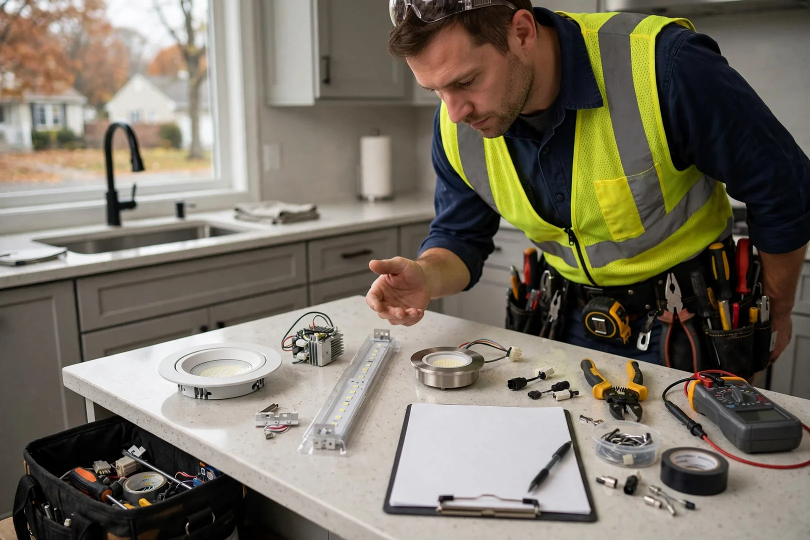 Technician comparing LED fixture options and written estimate paperwork at a kitchen counter